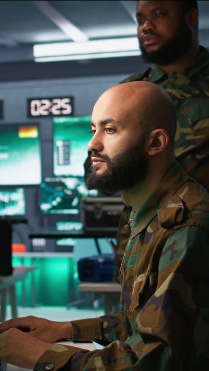 Vertical video Soldiers managing combat load equipment before warfare assault mission