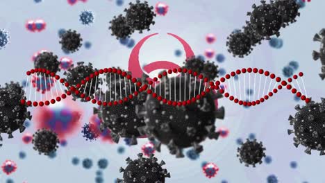 Biohazard-symbol,-Covid-19-cells-and-DNA-structure-against-blue-background