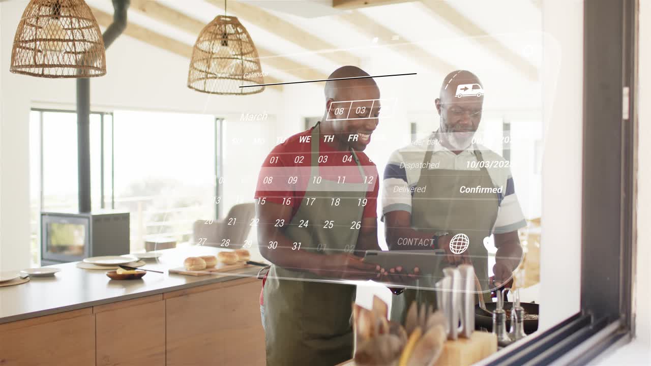 Father and adult son tapping tablet and checking kitchen schedule, projecting holo calendar overlay