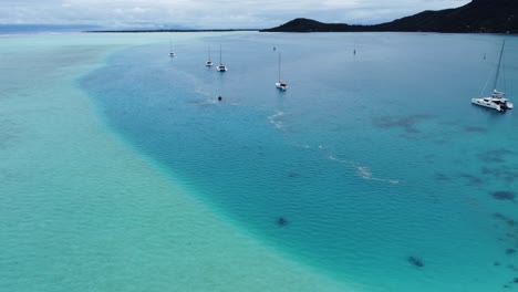 aerial circles sailboats moored in turquoise blue south seas lagoon