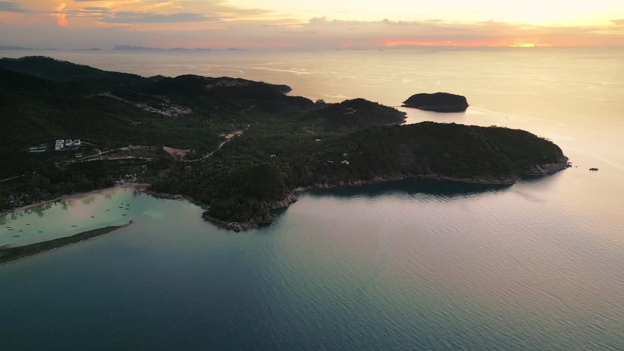 drone at sunset beach in the island of Koh Phangan Thailand Aerial Koh Nang Yuan islet