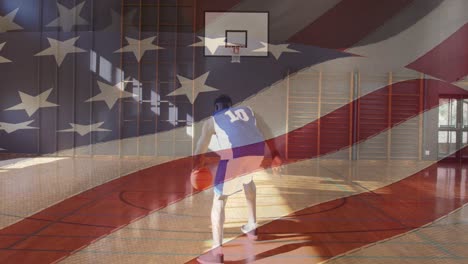 Amerikanische-Flagge-Winkt-Gegen-Afroamerikanischen-Männlichen-Basketballspieler,-Der-Basketball-übt