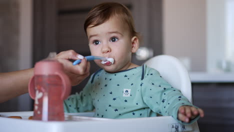 cute caucasian kid in blue shirt sitting at the feeding table. mom gives porridge to her son and cleans his mouth with the spoon. blurred backdrop.