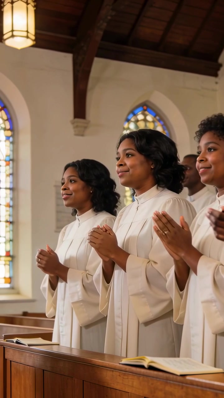 Vertical video: Clapping and singing three women in white robes on conductor cue at pew with hymnal