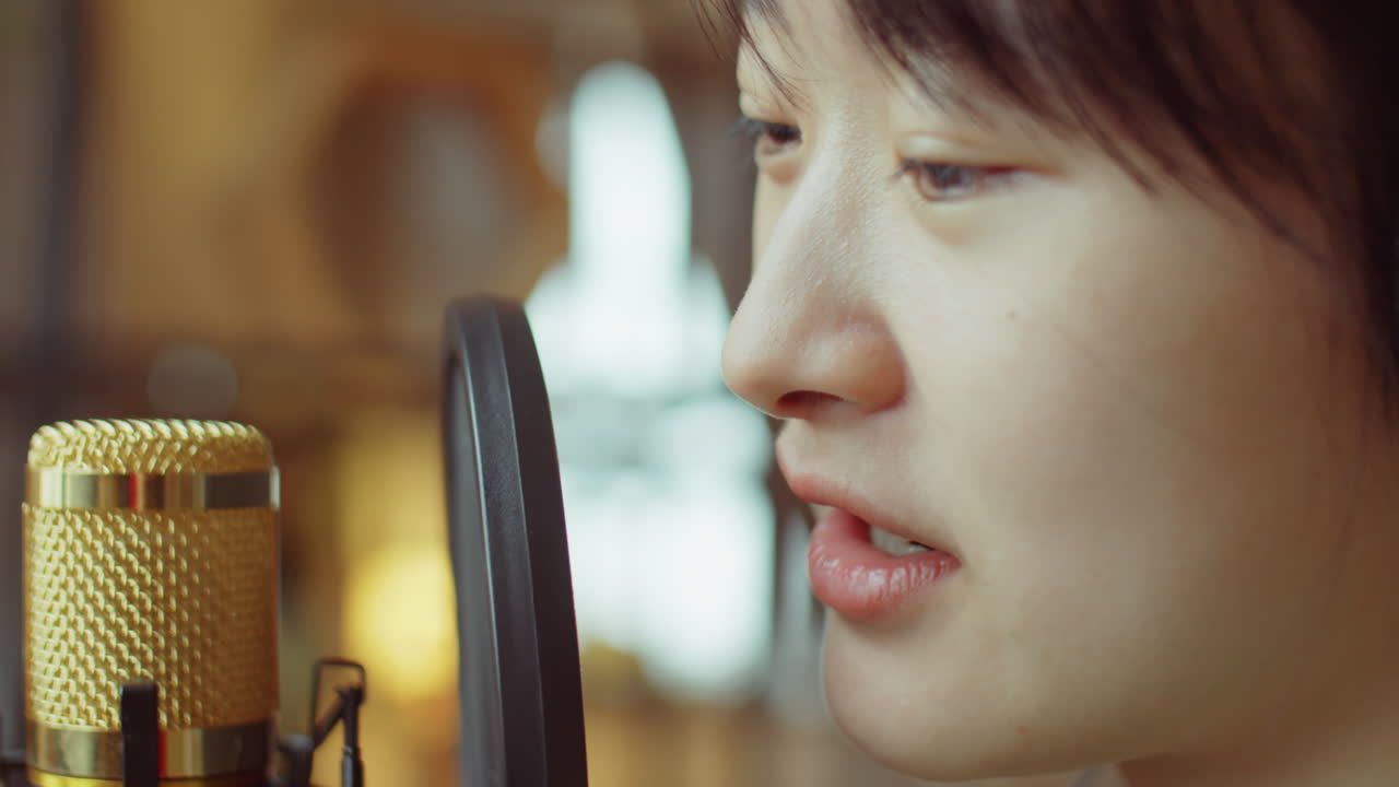 헤드폰을 착용 한 아시아 여성 이 마이크 로 이야기 하고 있다