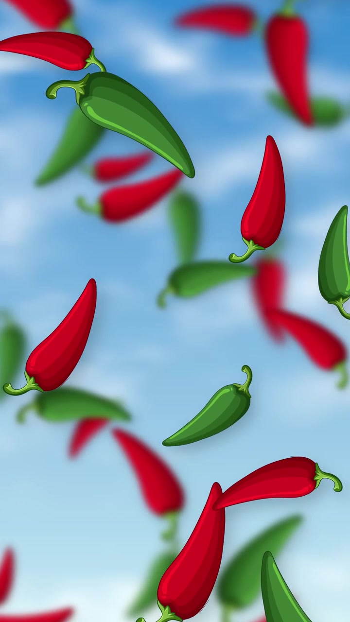Stylized red and green chili peppers fall continuously through a bright blue cloudy sky background.