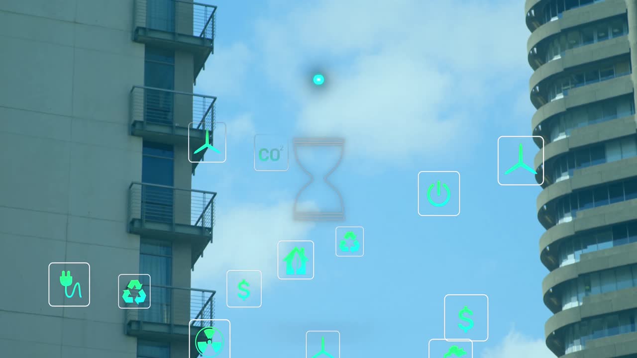 Animation of ecology icons and hourglass over cityscape