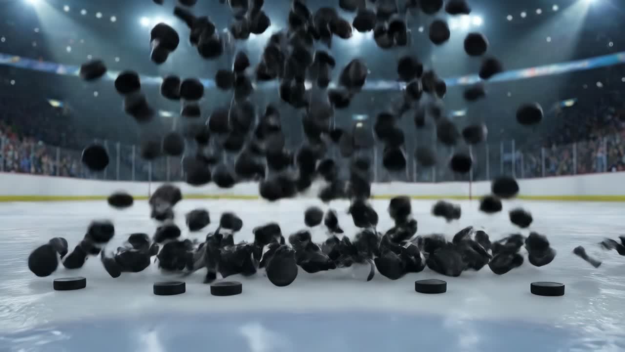 Jääkiekkokiekot putoavat ja leviävät jääkentälle stadionilla