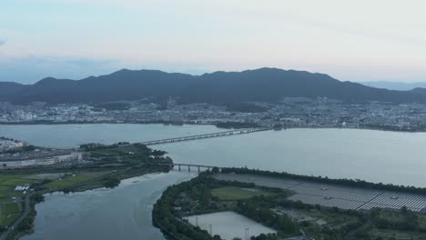 aerial view of biwako and shiga prefecture at sunset in rural japan