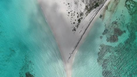 Drohnen-Zenitblick-über-Tropische-Sandbank,-Schattierungen-Von-Blauer-Meerwasserstruktur,-Cayo-De-Agua