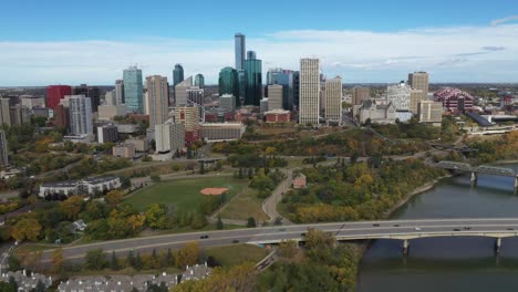 Daytime-aerial-drone-view-of-downtown-Edmonton-and-the-North-Saskatchewan-River-during-autumn-fall-taken-from-Rossdale-area