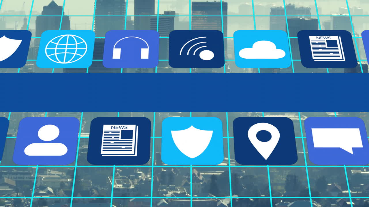 Animation of icons and financial data processing over cityscape