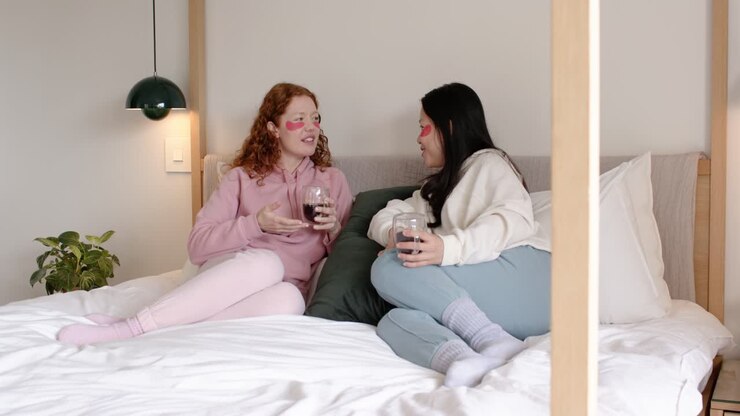 Diverse female friends sitting on canopy bed, left woman leading chat gesturing with glass to bond