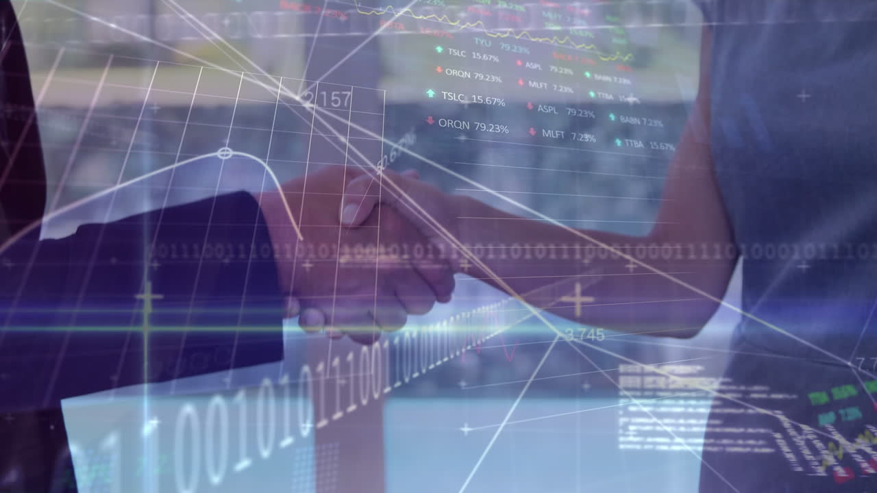 데이터 처리의 애니메이션과 다양한 사업가들이 손을 흔드는 그래프