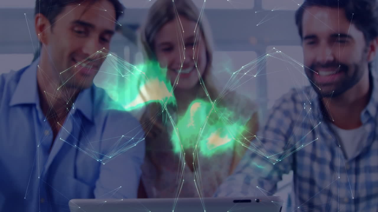 Three people collaborating over tablet with digital network connections animation