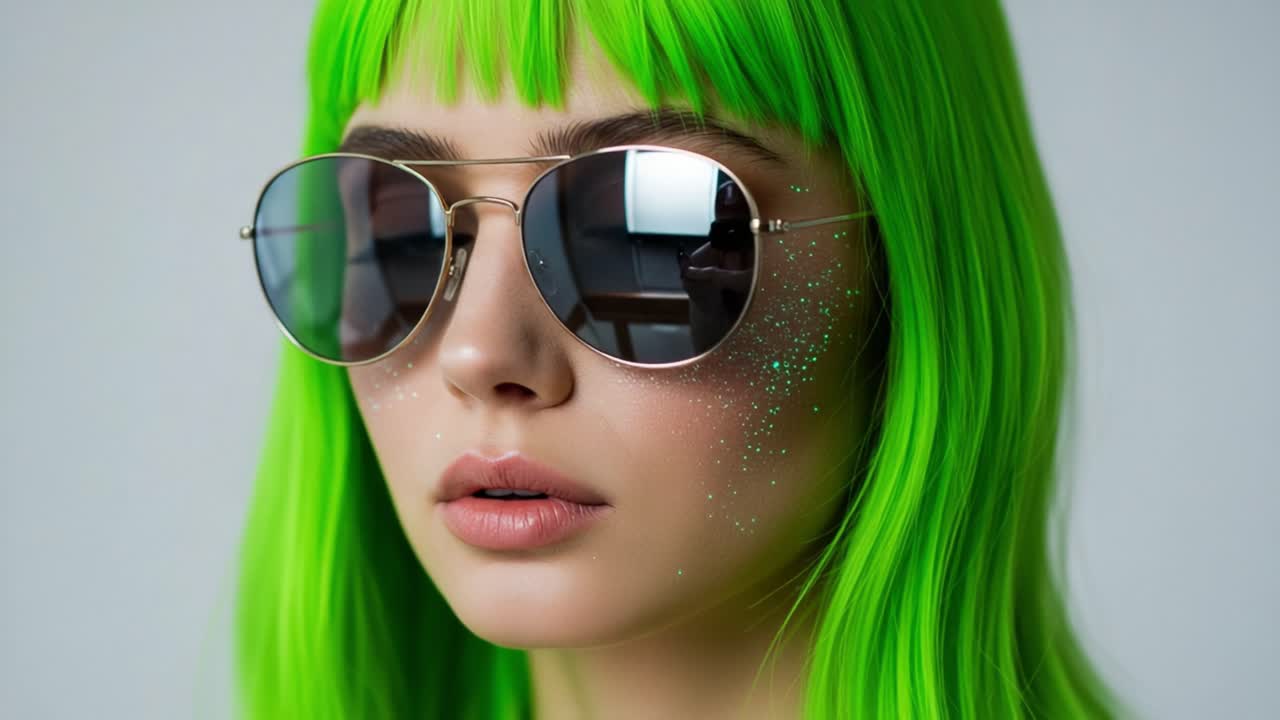 A striking portrait featuring a woman with vibrant green hair, wearing stylish sunglasses and shimmering glitter makeup, set against a simple backdrop that enhances her unique style