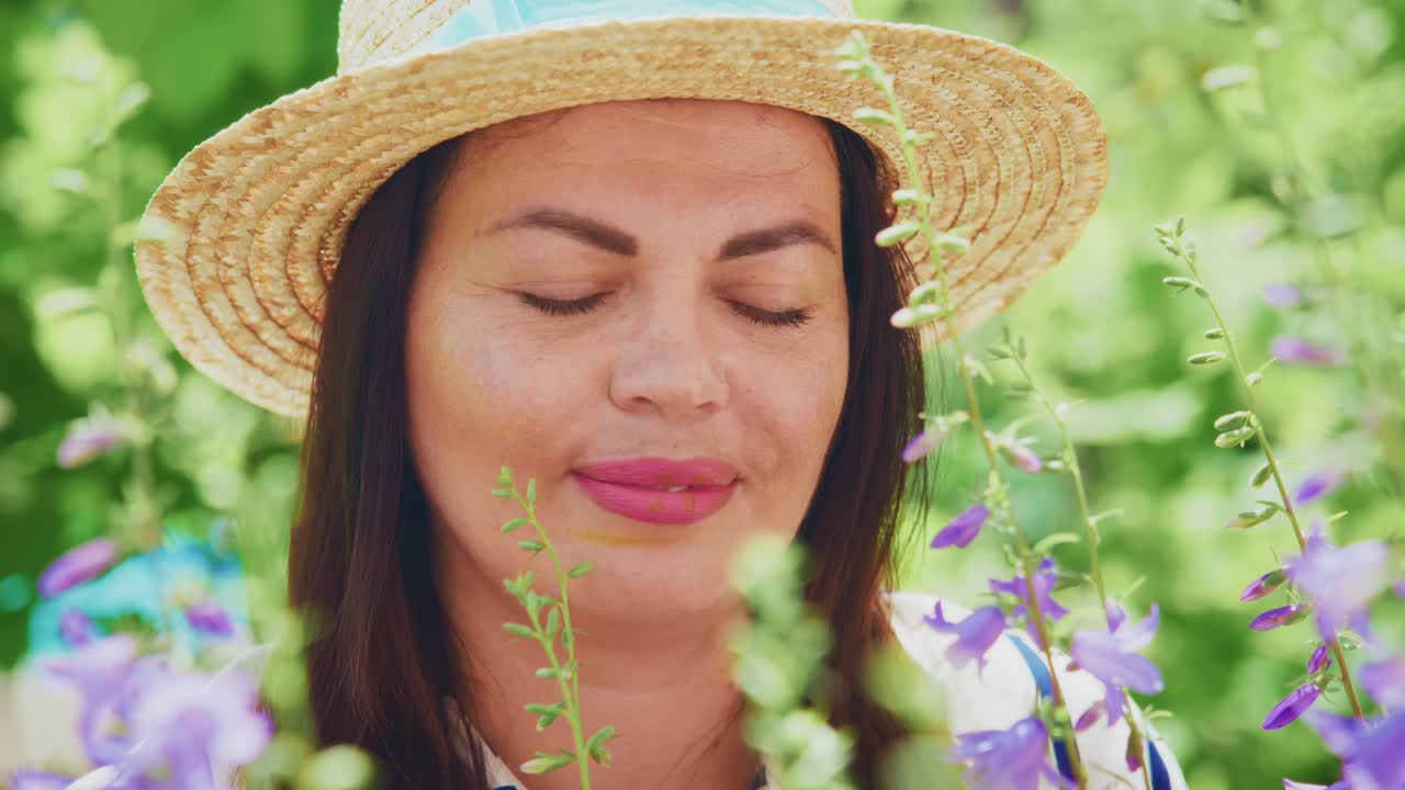 정원에서 꽃을 즐기는 여자