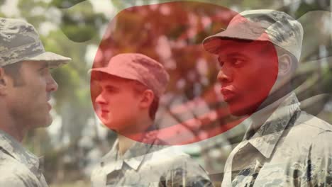 digital composition of waving japan flag against soldier saluting his army sergeant at training camp