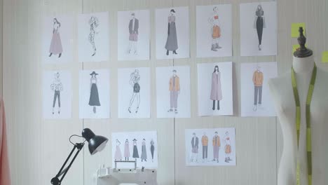 clothes drawing pictures being sticked on the wall in the designer studio