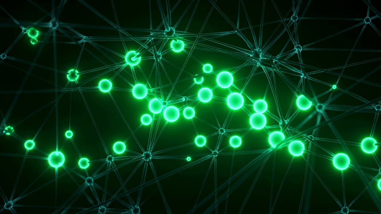 Abstract teal nodes and connecting lines spread across a dark background, with a bright green point near the center-left, creating a futuristic technology