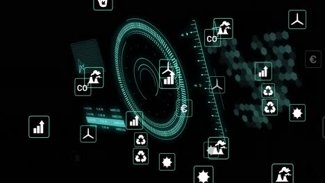 Animation-of-eco-icons,-data-processing-over-scopes-scanning