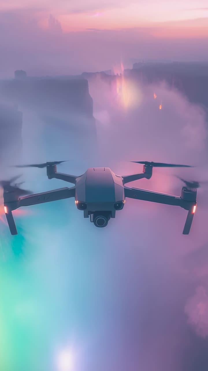 Video verticale: drone con eliche rotanti che si muove in un canyon di nebbia color pastello al tramonto, ripresa con gimbal dell'alone luminoso