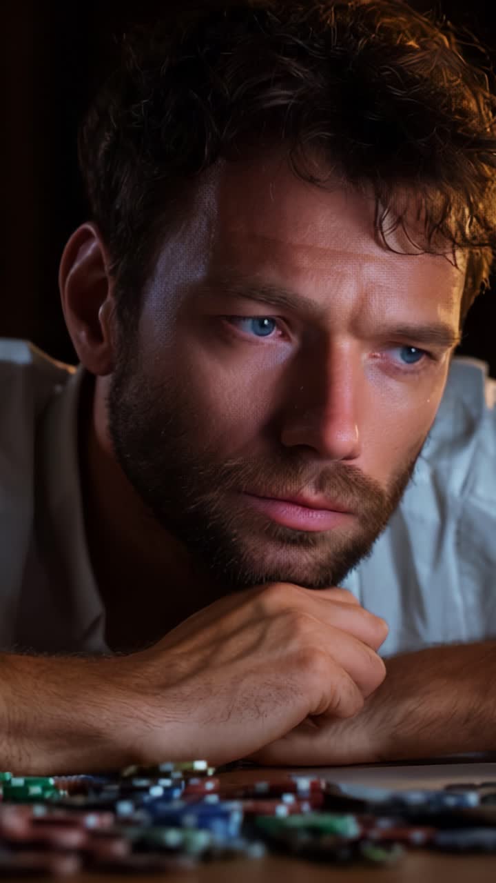 A contemplative moment captured in a dramatic close-up, showcasing a man's intense expression as he reflects on his circumstances amidst the scattered poker chips