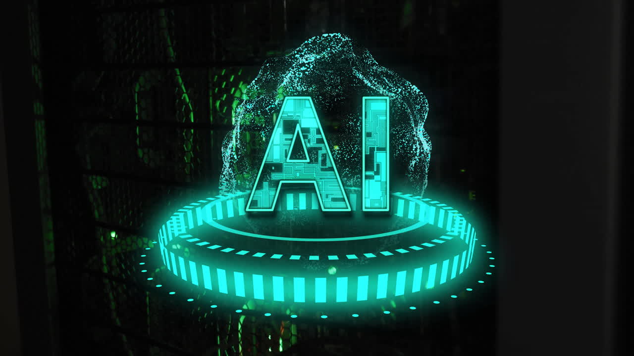 AI text animation over futuristic digital interface with glowing green elements
