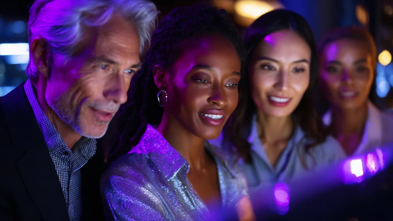 A group of diverse individuals engaged in an interactive experience, showcasing expressions of curiosity and intrigue as they explore a vibrant, illuminated digital display, highlighting technology's impact on social connections