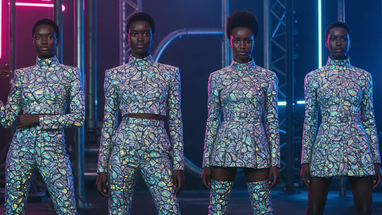 A Stunning Showcase of Fashion: Four Models Strut in Vibrant Patterned Outfits Under Neon Lights, Capturing the Essence of Modern Style and Elegance