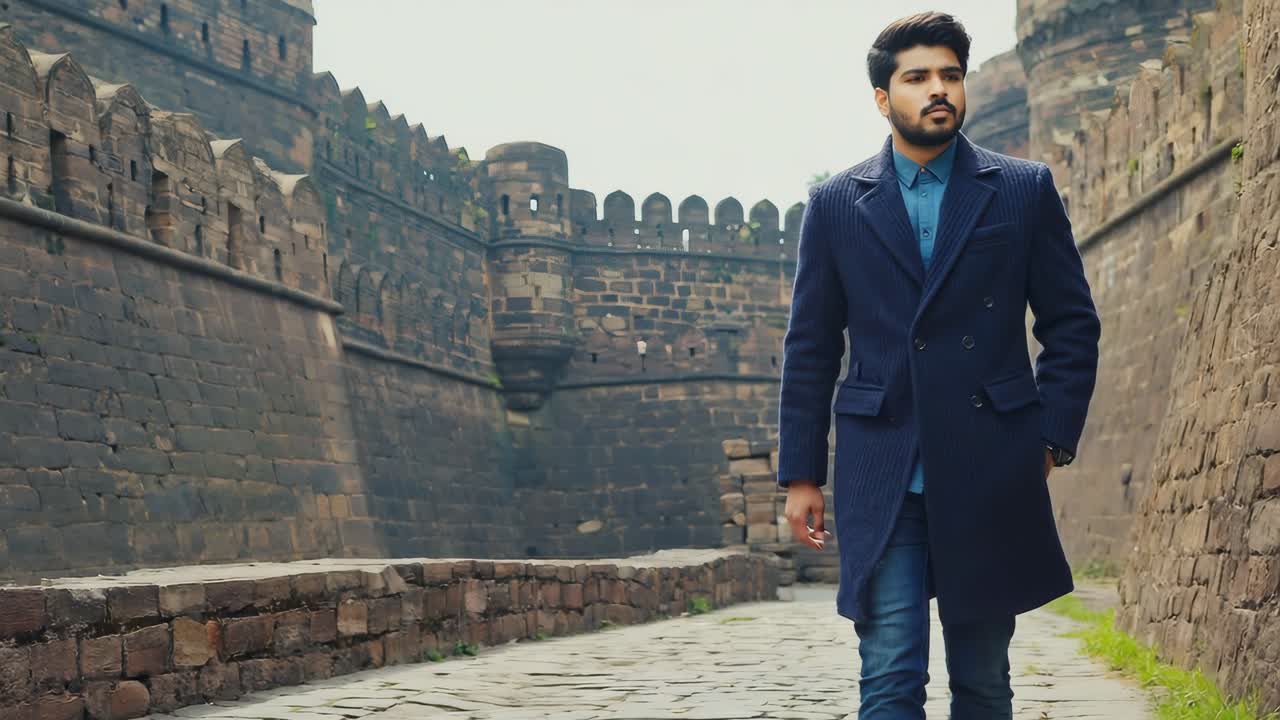 Man in coat in front of a fort wall