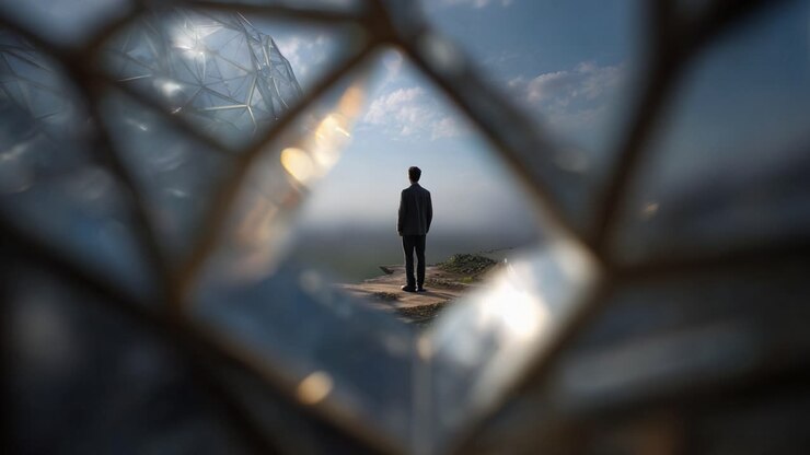 A solitary figure stands on a cliff, gazing into the vast horizon, framed by a geometric structure, evoking feelings of contemplation and reflection