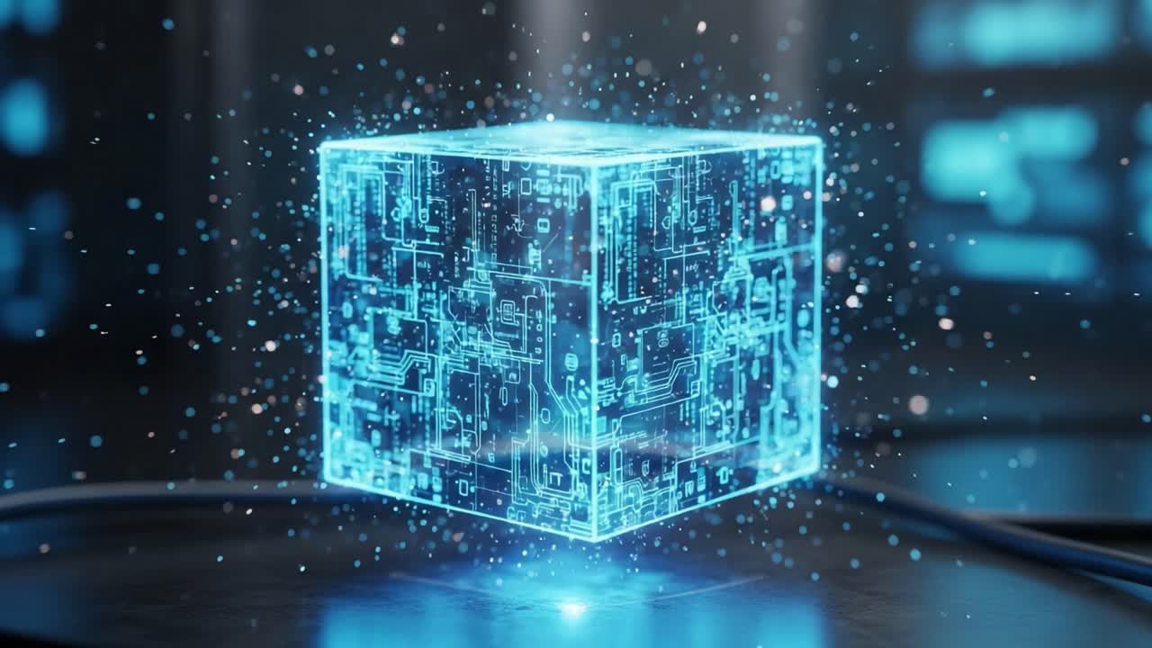A Glowing Digital Cube Surrounded by a Sparkling Aura Representing Advanced Technology and Data Processing in a Futuristic Environment