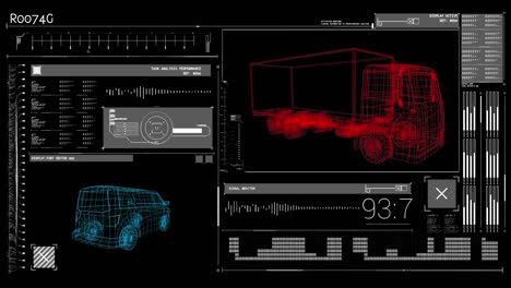 animation of blue and red 3d models of cars with data processing