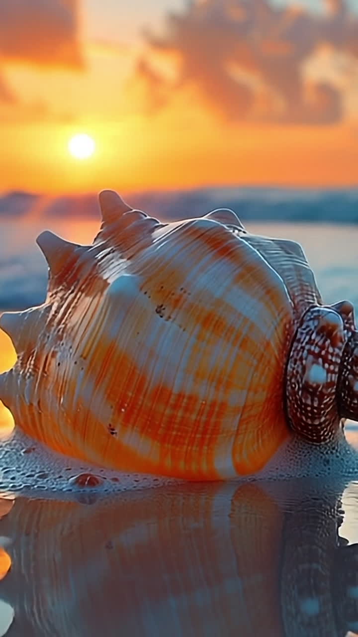 Stunning beach sunset with shell. A vibrant sunset casts golden hues over the beach, illuminating a seashell resting on wet sand beside gentle waves.