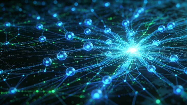 Radiating network responding to central hub intensifying above dark plane, with filaments, nodes