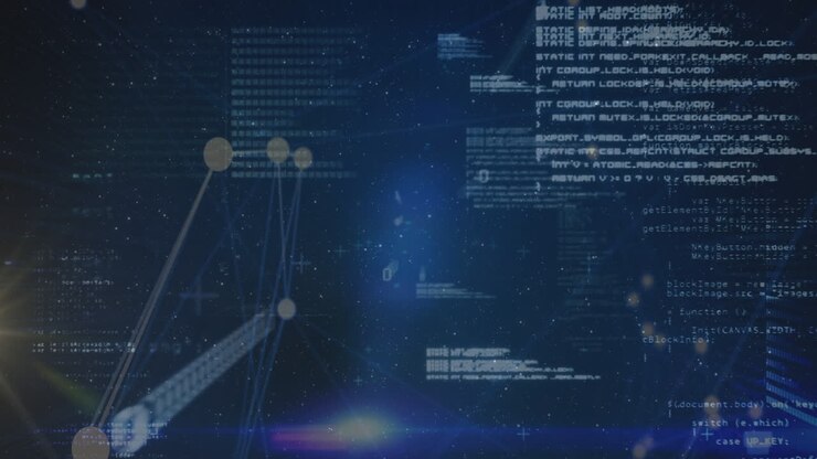Animation af forbindelser, databehandling og lysprikker på marineblå baggrund