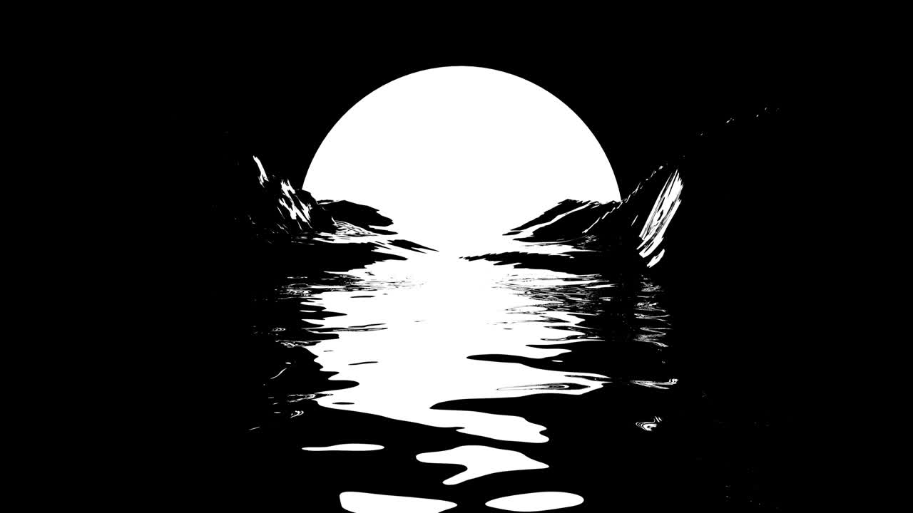 산과 함께 추상적인 검은 물, 끊임없이 회전하는 달빛