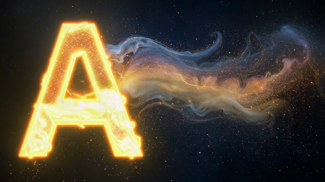 Metallic letter A transforming into fiery form in starfield after smoky spark, with ember sparks
