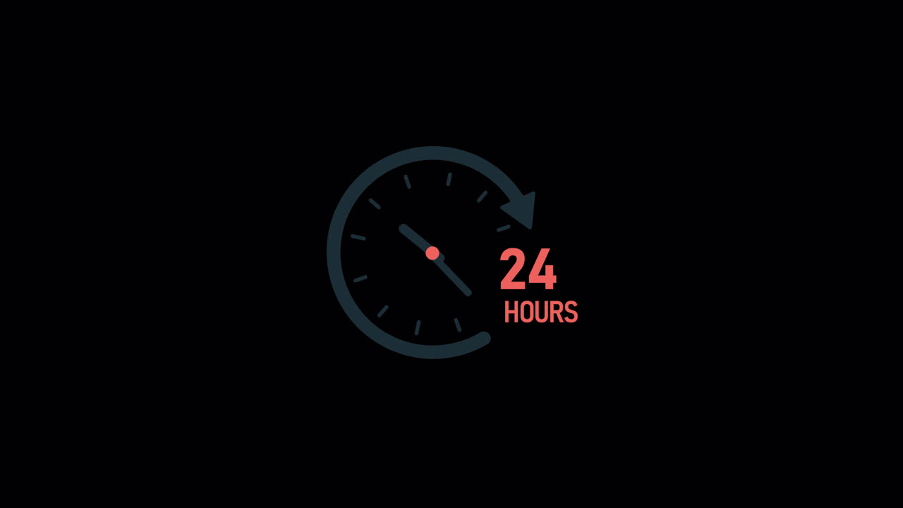 Animated 24 Hours Service Clock Icon on Black Background