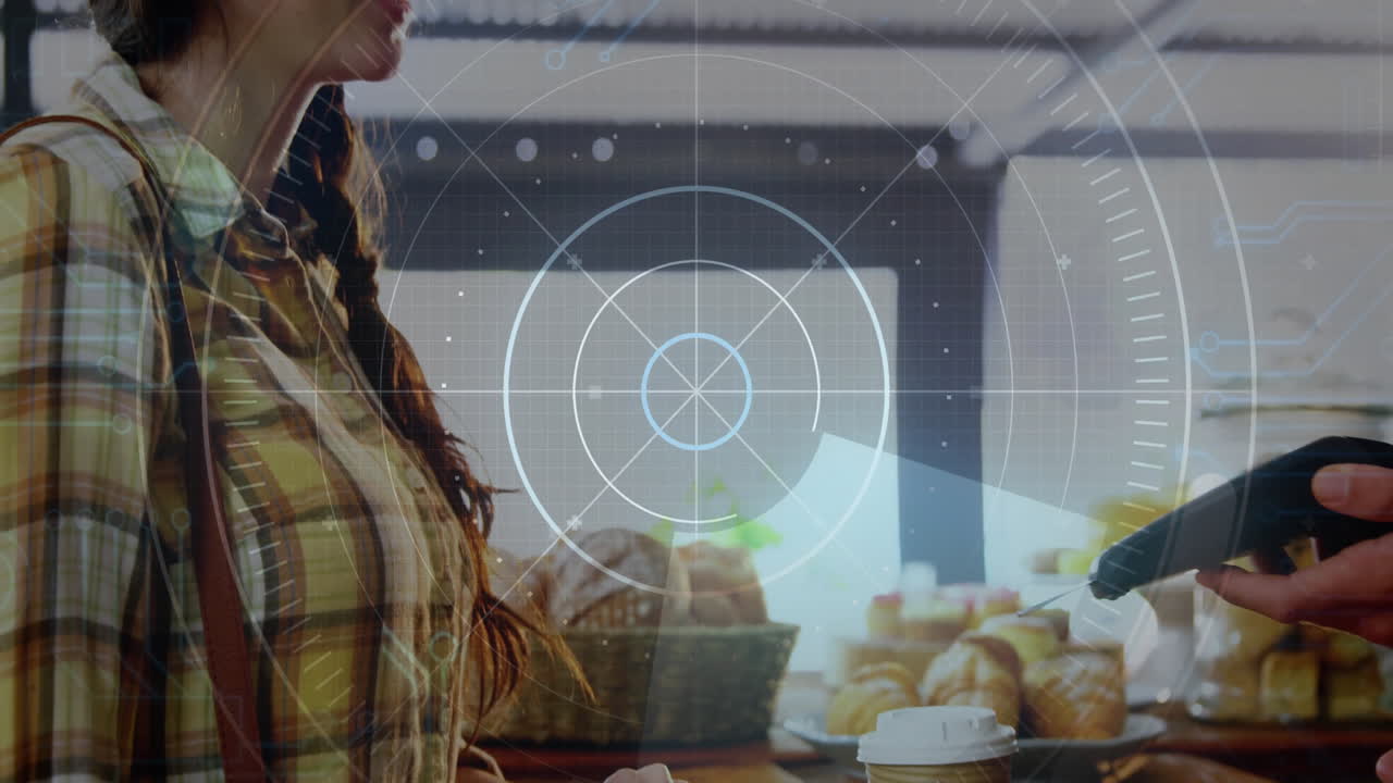 woman extending hand at café counter, with floating payment icons and pastry revenue bar chart