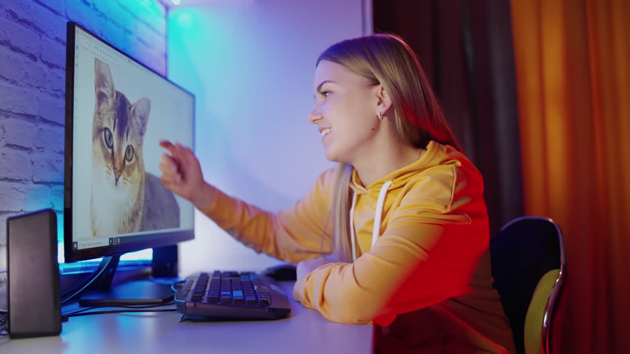 Woman looking at computer. Portrait of teenage girl looking at monitor of computer