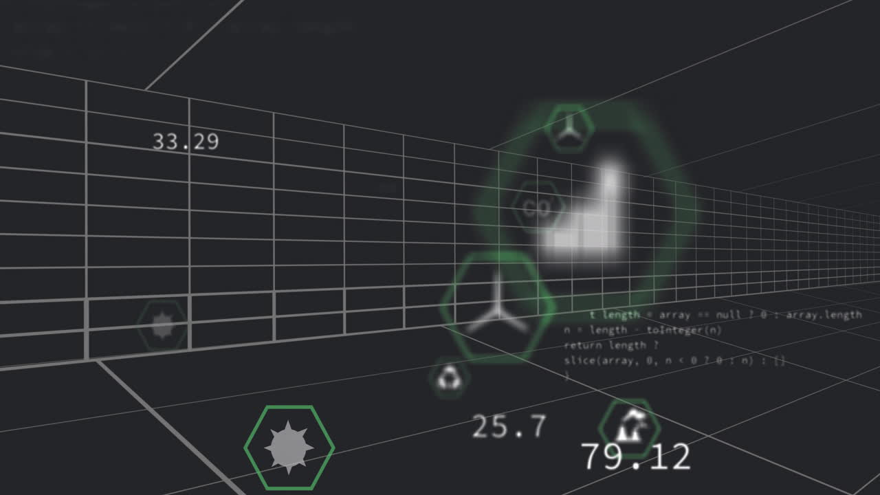 Animation of digital interface with code snippets and hexagonal icons in 3D space