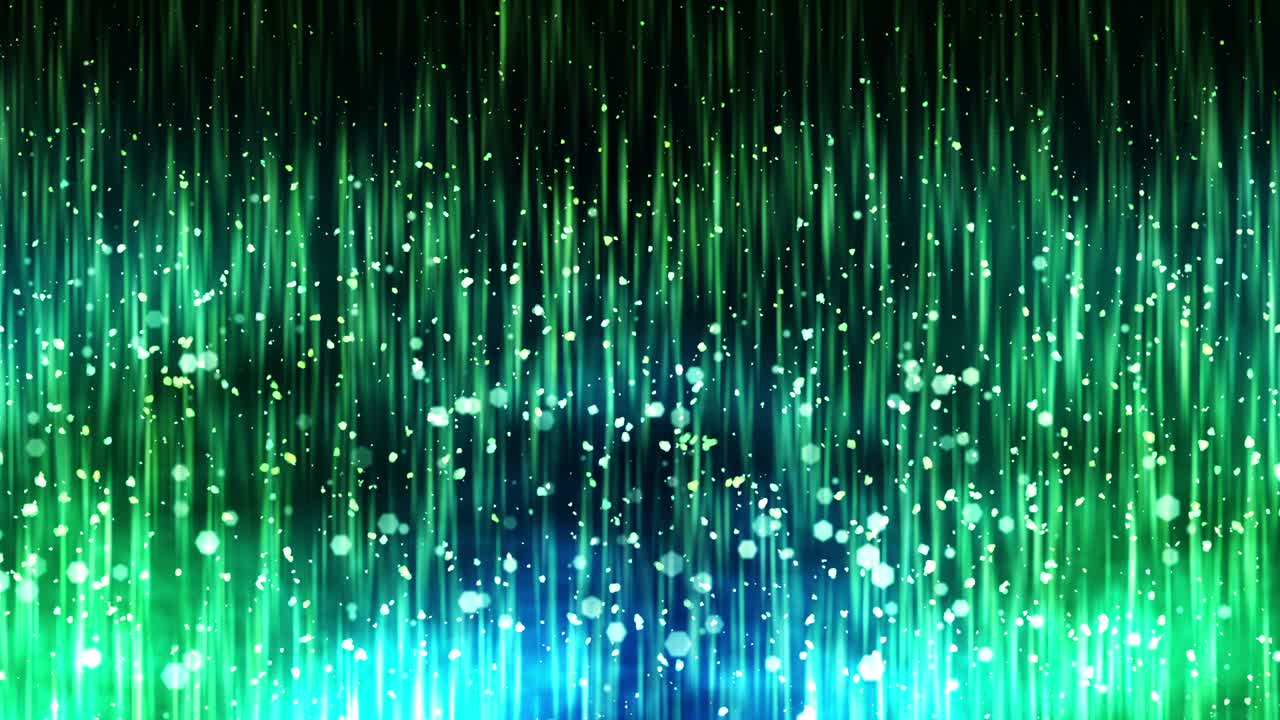 박이는 입자와 함께 럭셔리 반이는 조명. 반이는 빈티지 루프 애니메이션. 원형. 육각형. 선형. 화면 장식 개념. 녹색과 파란색.