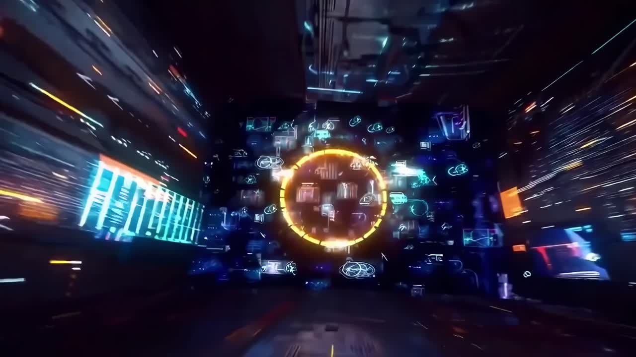 Futuristic video concept with a first-person view of a digital tunnel, neon lights streaking by