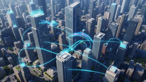 an aerial view of a modern cityscape showcasing advanced connectivity through digital networks and vibrant light trails interweaving among skyscrapers