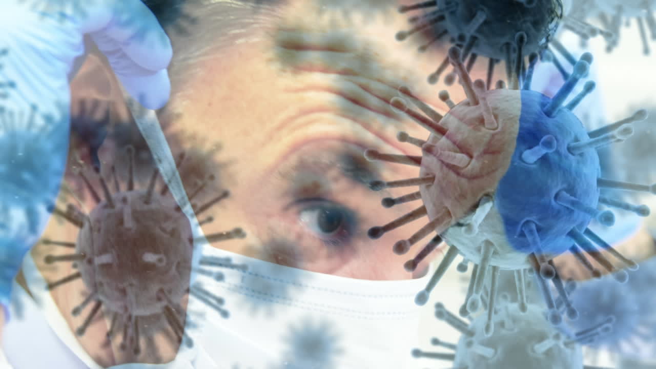 코로나바이러스 코로나19의 확산 애니메이션, 배경에는 의료진이 있습니다.