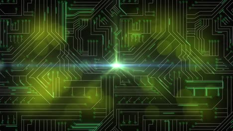 animación del procesamiento de datos en una placa de circuito luminoso de computadora