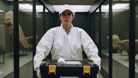 a museum technician in sterile attire carefully transports a toolbox through the exhibition space, showcasing a blend of modernity and historical artifacts amidst a cultured backdrop