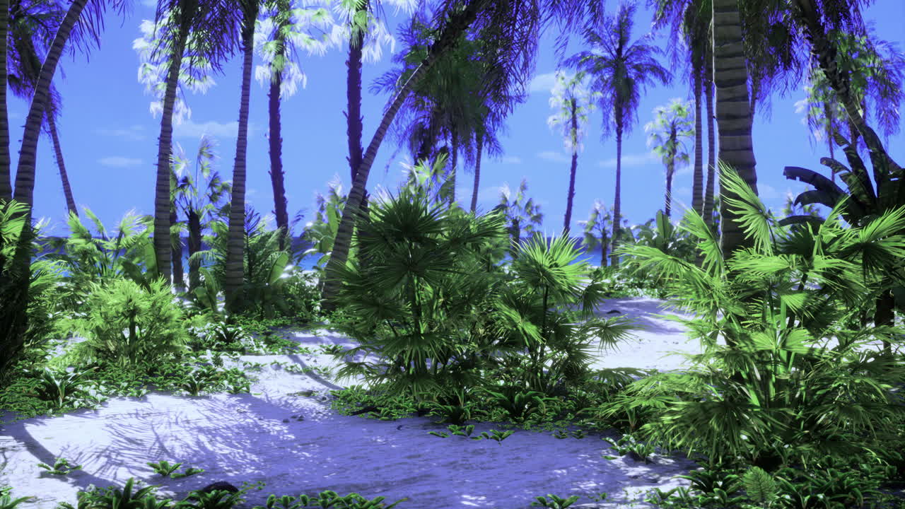 Tropical paradise with palm trees and lush greenery near the ocean